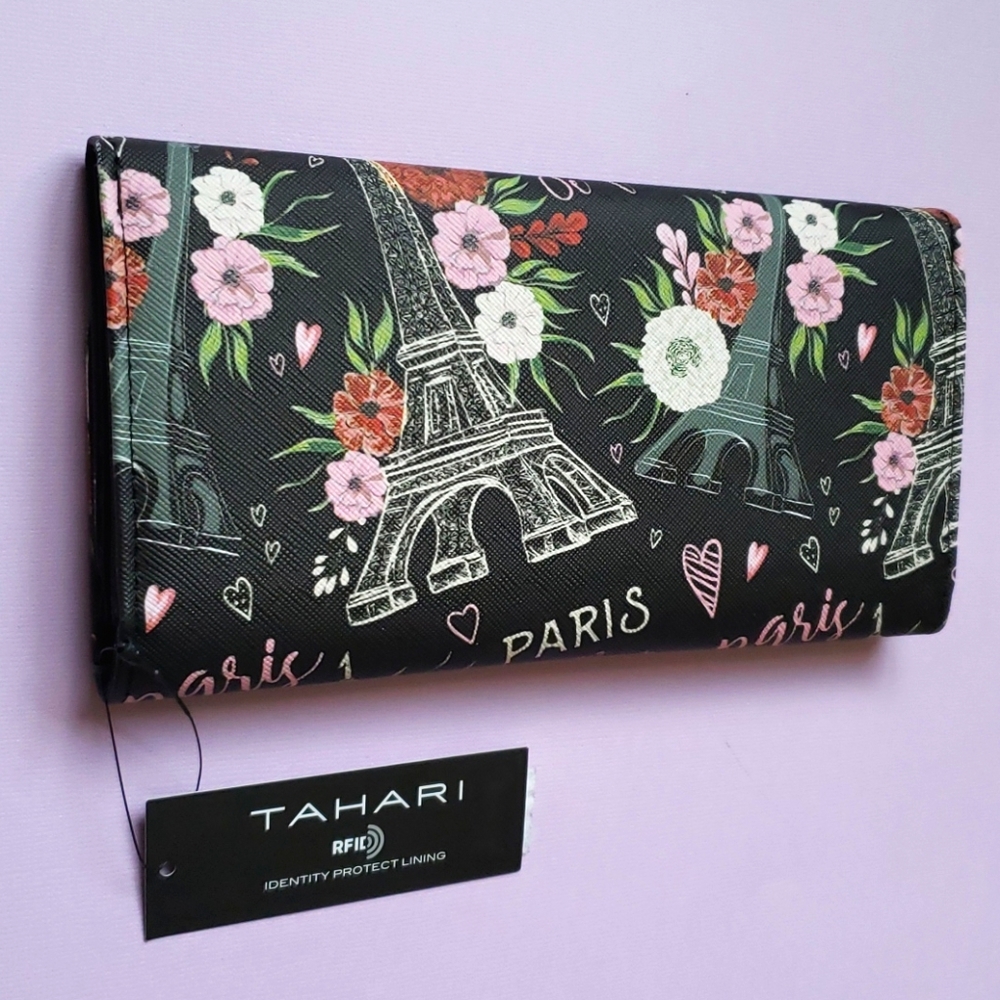 Tahari Trifold RFID Black Multicolor Wallet Floral Paris Scene NWT - Picture 11 of 11